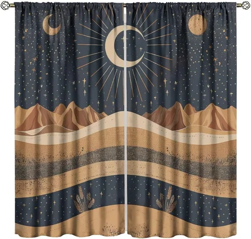 Vista 39 de Cortinas opacas con diseño de sol y luna, cuerpos celestes bohemios, con diseño de sol, luna y estrellas, para sala de estar, dormitorio, 42 x 45
