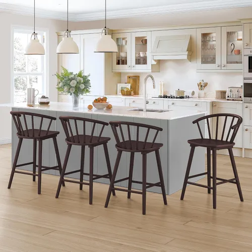 LUE BONA Taburetes de bar de madera con respaldo semicircular, juego de 4 taburetes de bar modernos de altura de mostrador para isla de cocina, pub