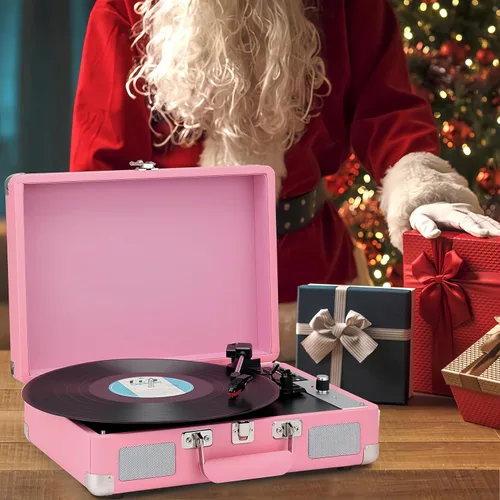 Vista 6 de Tocadiscos, reproductor de discos de vinilo con altavoces estéreo, reproductor de discos Bluetooth de 3 velocidades, tocadiscos todo en uno