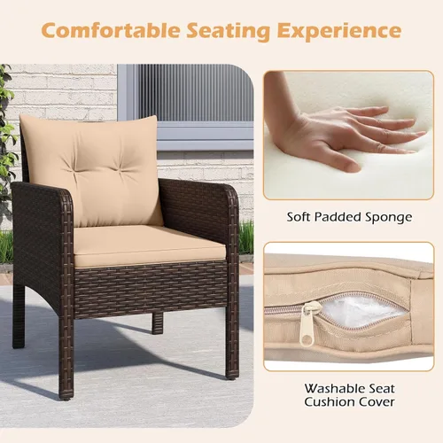 Vista 5 de Tangkula Juego de 3 piezas de muebles de patio de mimbre PE, juego de conversación de bistró al aire libre con cojines y mesa de centro de vidrio