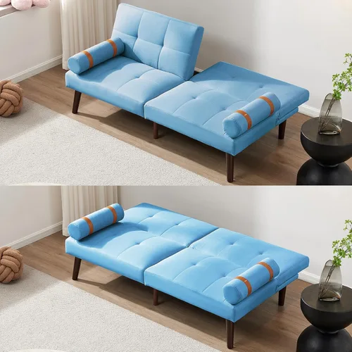 HMFULE Sofá cama convertible con patas de madera maciza, tela de lino, moderno sofá futón tapizado ajustable para espacio de vida compacto, azul