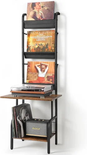 Vista 9 de Soporte para tocadiscos con almacenamiento de vinilos para hasta 200 álbumes, soporte para tocadiscos con estante de exhibición para discos