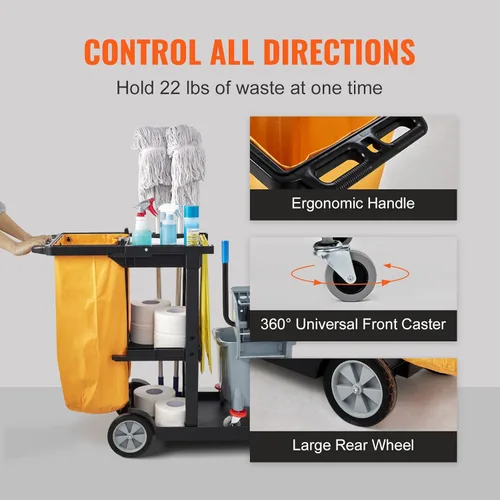 Vista 6 de VEVOR Carrito de limpieza, carrito comercial de limpieza de 3 estantes, carrito de plástico de limpieza de 200 libras de capacidad, con bolsa de PVC