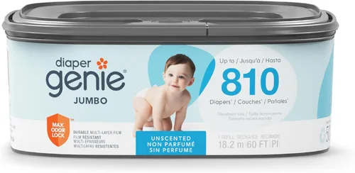 Diaper Genie Recambio cuadrado jumbo, con película continua, puede contener hasta 810 pañales de tamaño recién nacido por repuesto.