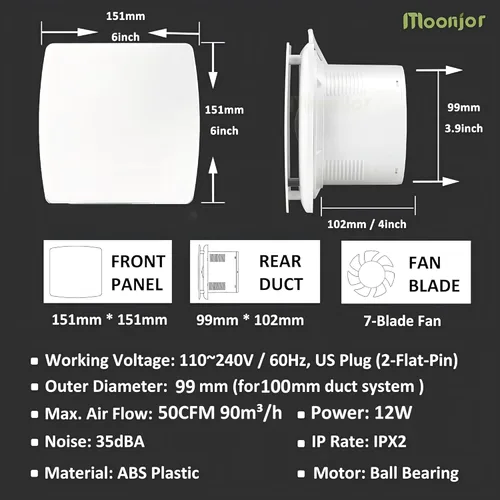 Vista 2 de Extractor de ventilación de 4 pulgadas, 50 CFM, silencioso ventilador extractor de ventilación de pared para cocina, baño, taller, garaje