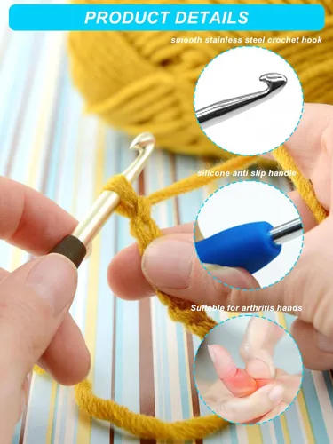 Vista 3 de Juego de ganchos de ganchillo de 12 tamaños, 55 piezas ergonómicas para principiantes, ganchos de ganchillo de hilo de 2 a 0.315 in para manos