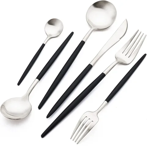 Vista 20 de Juego de cubiertos de lujo negro mate, 24 piezas, acero inoxidable 18/10, simple y pesado, para el hogar, cocina, boda, restaurante, cena, servicio