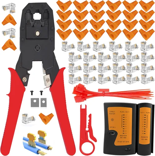 Vista 6 de TAIWAIN Juego de herramientas de crimpado de red RJ45 CAT5 CAT6, cortador de crimpado de pelacables de paso para cable LAN, kit de conector de Rojo