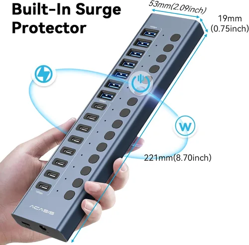 Vista 7 de Hub USB 3.2 alimentado, ACASIS 16 puertos USB 3.2 Hub (8 puertos USB-A 3.2 + 8 puertos USB-C 3.2), concentrador USB de aluminio alimentado