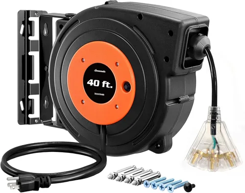 Vista 12 de DEWENWILS Carrete de cable de extensión retráctil, cable de alimentación resistente de 40 pies, carrete de cable retráctil SJTOW 12/3C, salidas