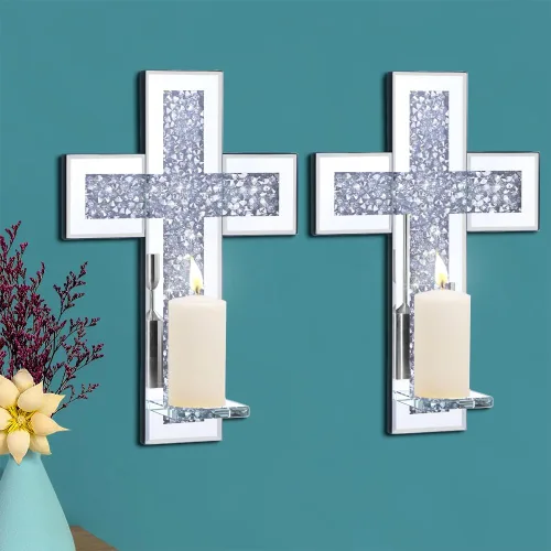 Vista 11 de Pibeyer Crystal Crush Juego de Portavelas de Pared de Diamante de 2, Apliques de Velas Rectangulares con Espejo Plateado, Decoración de Pared