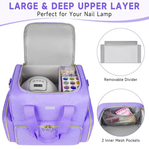 Vista 4 de Organizador de esmalte de uñas con capacidad para 80 botellas y una lámpara de uñas, estuche de transporte de esmalte de uñas con 2 bolsas Negro