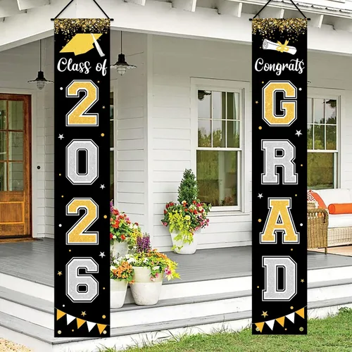 Bandera de decoración de graduación 2025 GRAD Bandera negra para porche y puerta de bienvenida para pared interior y exterior, decoración de