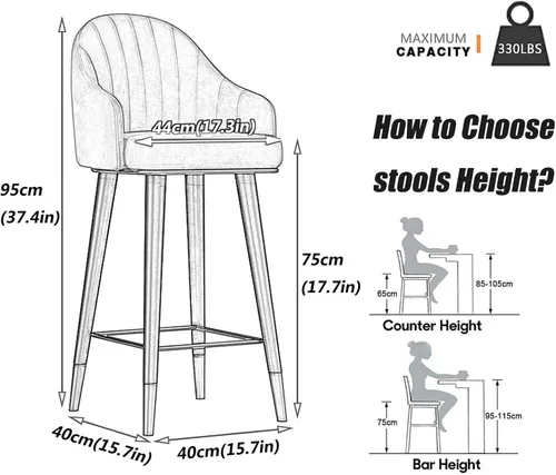 Vista 3 de Juego de 2 sillas de bar giratorias de terciopelo, taburetes altos con respaldo curvo y reposapiés, taburetes Altos para el hogar, Pub, cocina