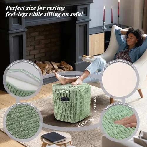 Vista 3 de Puf Otomano Hexagonal Relleno con 2 Bolsillos y Asa, Pufs de Pana Cómodos, Taburete Reposapiés Antideslizante con Almacenamiento, Pufs de Espuma