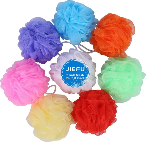 Bath Sponges, Small Size Colorful Shower Sponges Exfoliating Mesh Pouf Bath Ball Body Scrubber for Kids Pack of 8