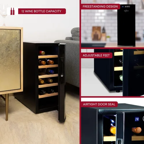 Vista 5 de Koolatron Refrigerador de vino de 12 botellas, enfriador de vino independiente con puerta de vidrio, 1.2 pies cúbicos, refrigerador de latas
