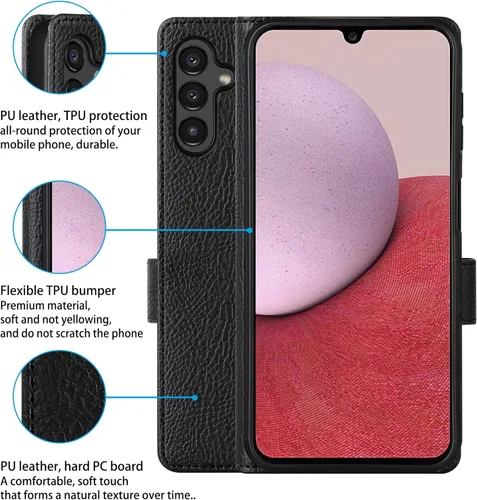 Vista 6 de Funda de cuero para Samsung Galaxy A14 5G, Galaxy A14 5G, ranura para tarjeta, cierre magnético, funda con tapa para Samsung A14 5G 2022, color negro