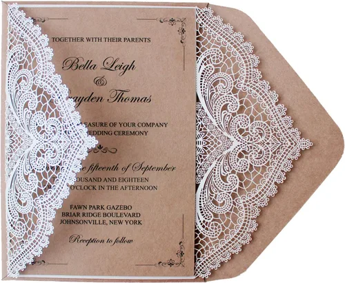 Vista 3 de Kit de 50 invitaciones rústicas de encaje cortado con láser, 5 x 7.3 pulgadas, invitaciones rústicas de papel kraft en blanco para bodas, despedidas