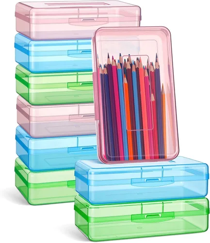 Vista 19 de Fainne Paquete de 24 cajas de lápices para la escuela, estuche de plástico transparente grande, caja de lápices de plástico grande apilable a granel