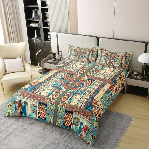 Vista 2 de Juego de ropa de cama 100 % algodón del suroeste tamaño King, funda de edredón geométrica bohemia, funda de edredón étnica tribal con flechas Multi