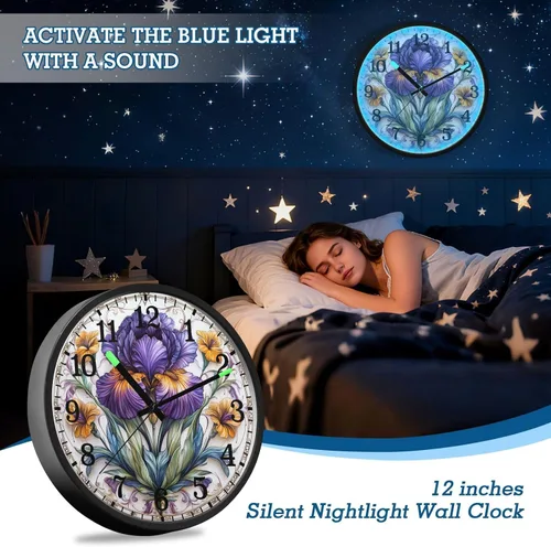Vista 7 de Luminous Voice-Activated Clocks Non-Ticking Silent Battery Operated Small Analog Clock Retro Iris Flower Pattern 12 Inch Decorative for Kitchen