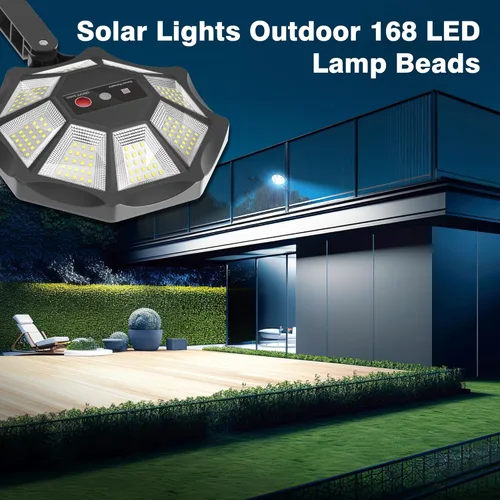 Vista 3 de Luces solares al aire libre, luz de inundación de 168 LED 6500K del atardecer al amanecer, luces solares para exteriores de 8 lados con sensor