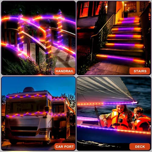 Vista 7 de Guirnalda de luces de Halloween para exteriores, 33 pies, 400 luces LED naranja y morado, luces de tubo impermeables enchufables, 8 modos