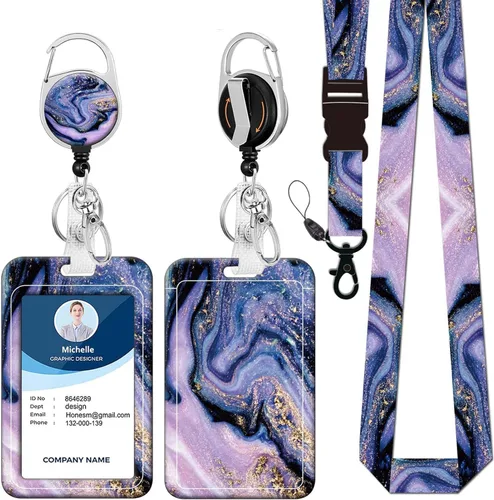 Vista 30 de Soporte para tarjetas de identificación con cordón, carrete retráctil con clip giratorio para cinturón, llavero y cordones desmontables, carretes