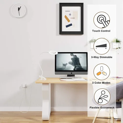 Vista 2 de JKSWT - Lámpara de escritorio, luz de lectura con clip, anillo de luz LED con 3 modos de color, 9 atenuadores de brillo, 60 LED, panel de control