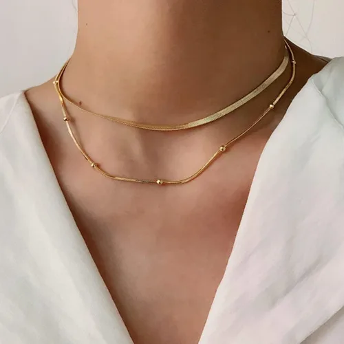 Vista 5 de Tasiso 14K Gold Filled Herringbone Choker Necklace Set Double Layer Snake Chain Herringbone Chain Necklace Layering Necklace Set Cuban Chain