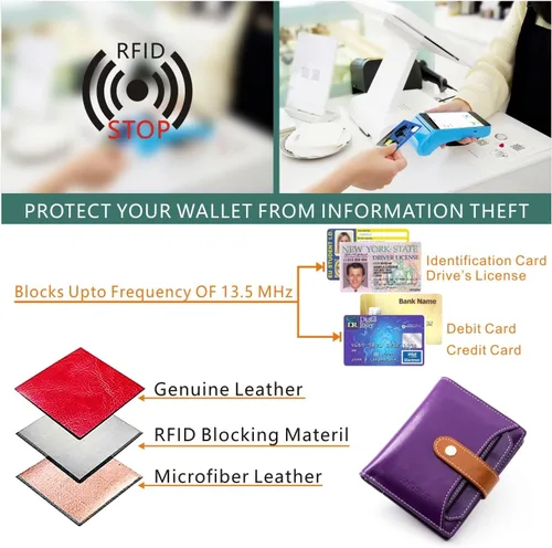 Vista 6 de ANDOILT Billeteras para mujer, de piel auténtica, pequeña, plegable, con bloqueo RFID, con bolsillo para monedas, ventana de identificación, Cartera