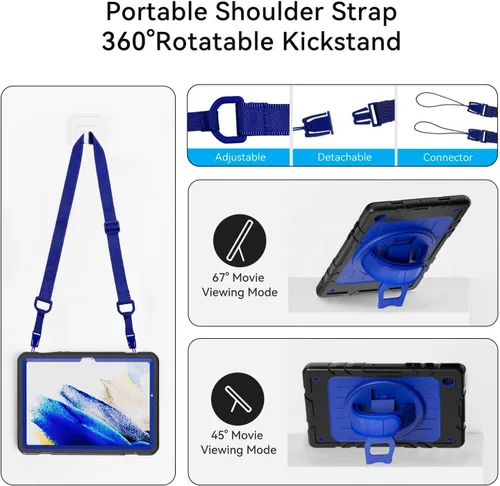 Vista 6 de Funda para Samsung Galaxy Tab A8 de 10.5 pulgadas 2022 con protector de pantalla giratorio 360º correa de mano y soporte, a prueba de caídas