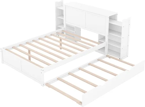 Vista 5 de SOFTSEA Marco de cama de tamaño matrimonial con estantería extraíble en cabecero, cama de almacenamiento de madera, marco de cama de plataforma