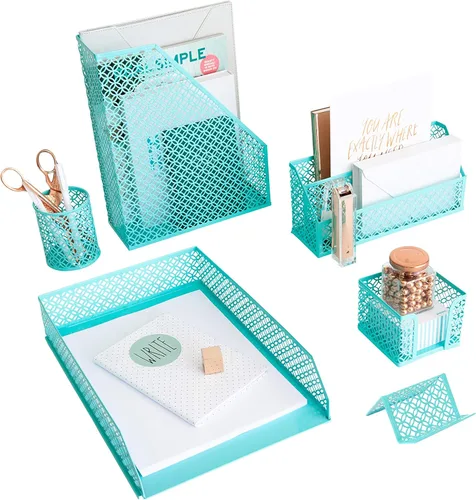 BLU MONACO Aqua - Juego de 6 organizadores de escritorio bonitos de color verde azulado - Organizadores de escritorio y accesorios para mujer -