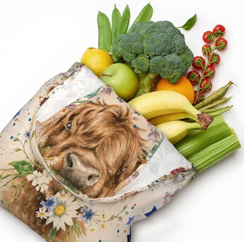 Vista 5 de Bolsa de mano Highland Cow Tote Bag Bolso de hombro para mujer, bolsas reutilizables para comestibles, lavables, Negro