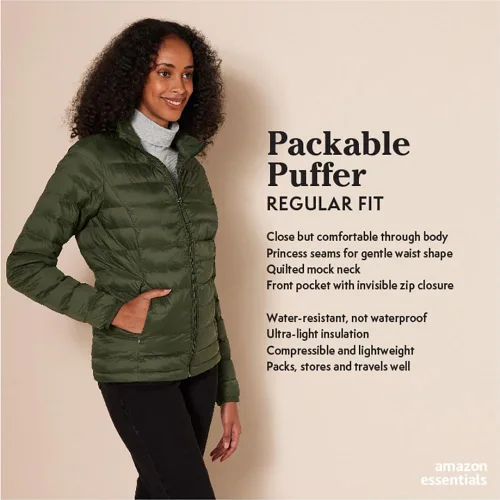 Vista 2 de Tienda Essentials - Chaqueta acolchada, ligera, de manga larga, resistente al agua y plegable, para mujer (disponible en tallas extragrandes)