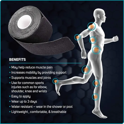Vista 5 de Cinta de kinesiología impermeable de Care Science, 40 tiras precortadas (2 rollos), negra Cinta elástica para deportes y levantamiento de pesas