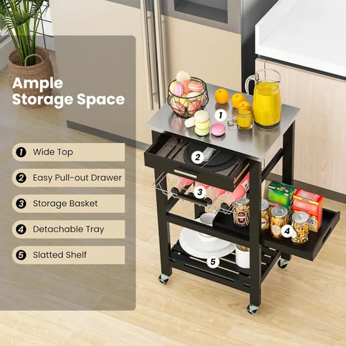 Vista 4 de Giantex Carrito de isla de cocina, carrito de almacenamiento móvil de cocina con mesa de acero inoxidable, cajón, cesta, estante, bandeja de servir