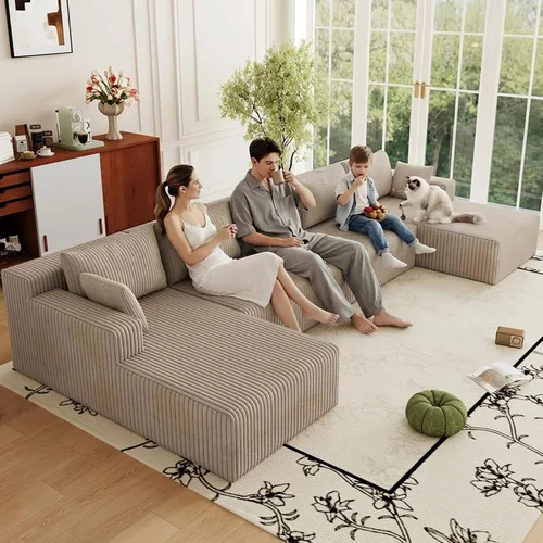 Vista 64 de Sofá modular de 95 pulgadas con otomana, moderno sofá nube de pana con asiento profundo, sofá sin hueso tapizado de 3 plazas en forma de U para sala