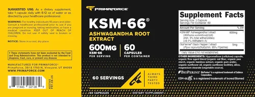 Vista 5 de Primaforce KSM-66 Extracto de raíz de Ashwagandha (600 mg) 60 cápsulas vegetarianas - 5% Withanólidos con BioPerine