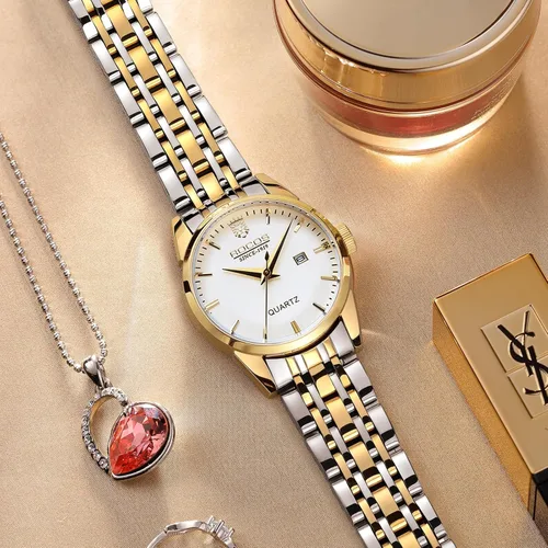 Vista 2 de Reloj clásico para mujer, reloj de pulsera de cuarzo de acero inoxidable dorado y plateado para mujer con visualización de fecha, relojes elegantes
