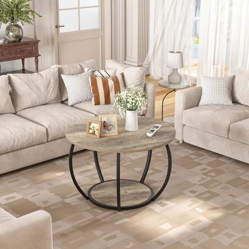 Vista 7 de GreenForest Round Coffee Table with 2-Tier Open Storage, 27.6 inch Small Circle Coffee Tables with Adjustable Feet, Modern Mini Center Table for