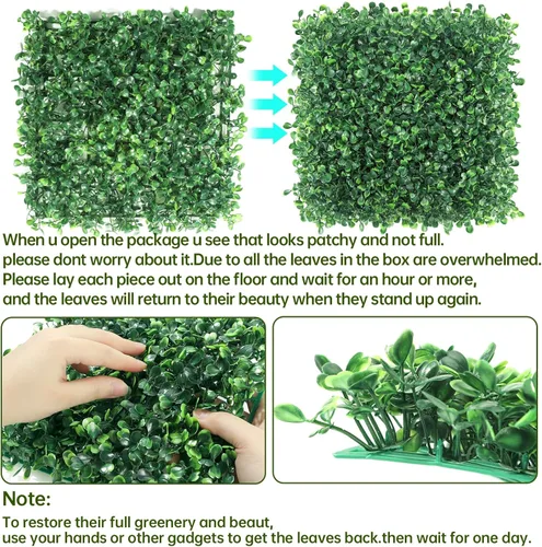 Vista 5 de ZXMOTO Paneles de setos artificiales de boj de 10 x 10 pulgadas, 24 piezas de pantalla de privacidad de vegetación sintética, decoración de pared