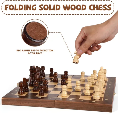 Vista 2 de Juego de ajedrez magnético de viaje de 12 pulgadas, tablero de ajedrez magnético de madera con 2 reinas extra, tablero de ajedrez plegable
