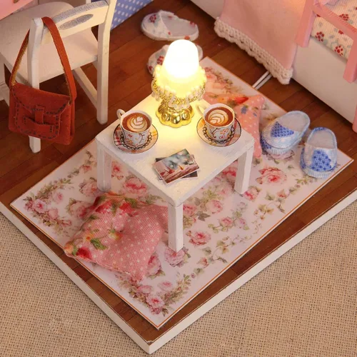 Vista 4 de Ogrmar Casa de madera para muñecas en miniaturas, "hazlo tú mismo", kit de casa con cubierta y luz led - Edad de los cálices