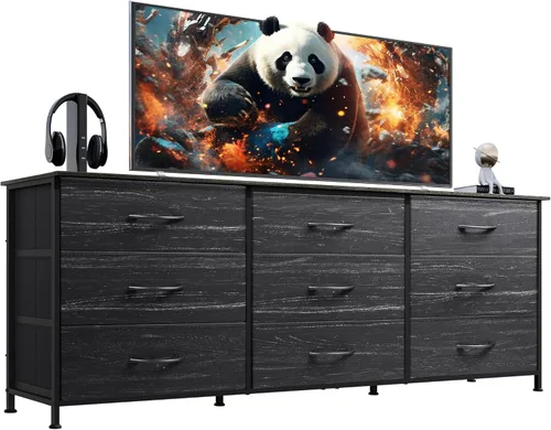 Vista 18 de WLIVE Cómoda de 47'' de ancho para dormitorio, Cómoda negra soporte de TV para TV de 45, 50, 55 pulgadas, Cómoda ancha con 9 cajones, Centro