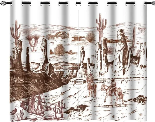 Vista 41 de Cortinas opacas retro de vaquero occidental para dormitorio, estilo rústico, cactus, salvaje oeste, vaquero, paseo, caballo, con ojales, aislamiento