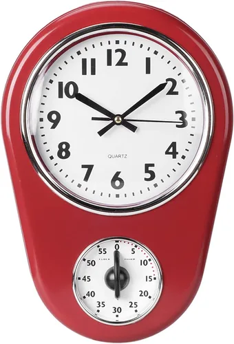 Reloj de pared vintage, temporizador de pared grande, con pantalla grande para decoración del hogar o cocina, rojo (pilas no incluidas)