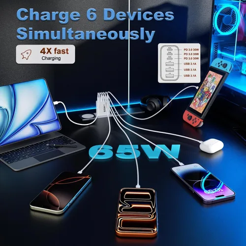 Vista 2 de Bloque de cargador USB C de 65 W, paquete de 2 bloques de carga rápida multipuerto tipo C. Enchufe de carga rápida PD+QC para iPhone